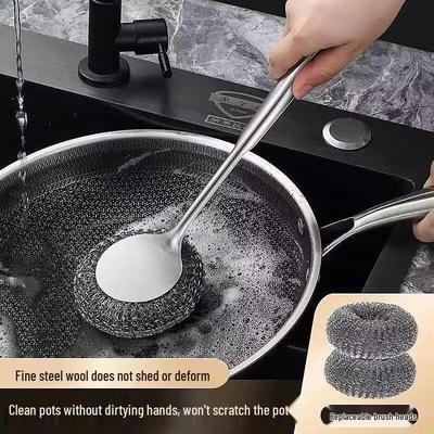 Stainless Steel Pot Cleaning Brush with Long Handle and Large Steel Wool Ball