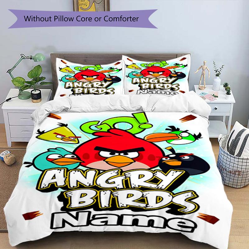 3pcs Duvet Cover Set (1*Duvet Cover + 2*Pillowcase, Without Core), Custom Name Angry Birds Pattern Bedding Set, Home Bedroom Decor Gift