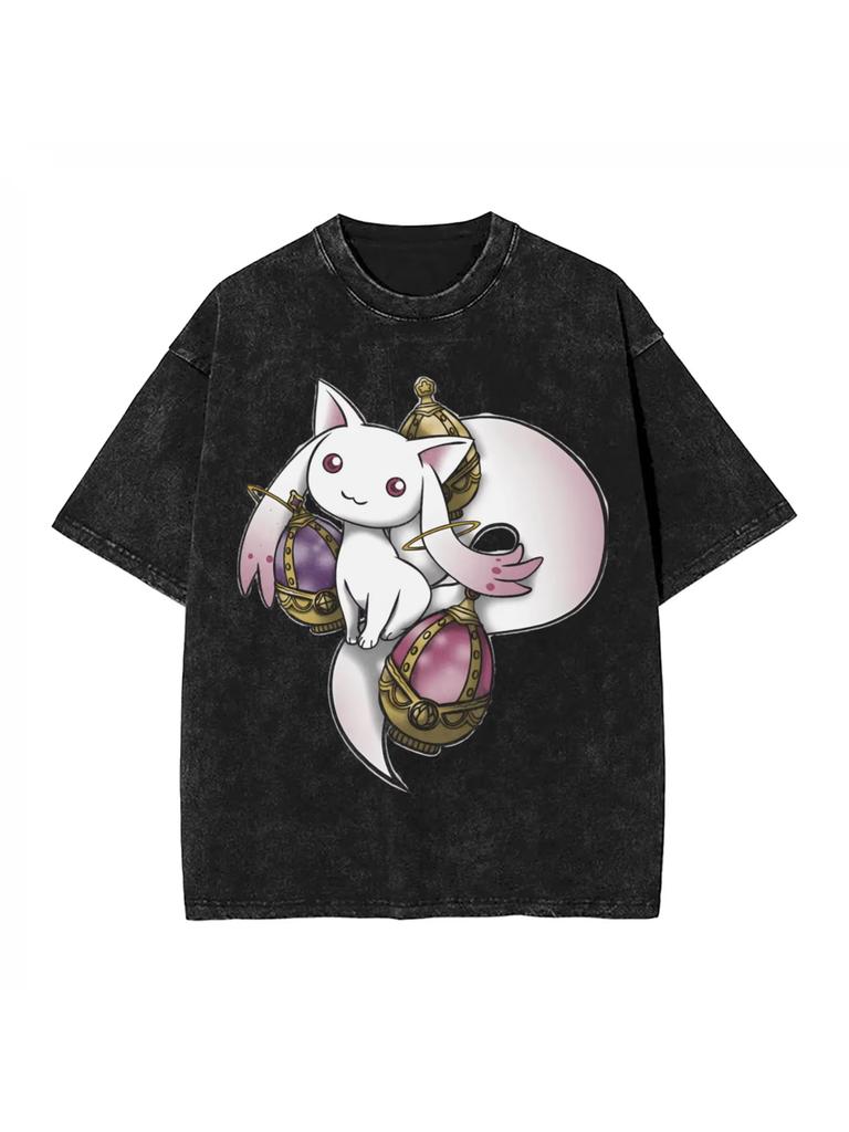 Unisex Plus Size Y2K Gewaschenes Kurzarm-T-Shirt Für Puella Magi Madoka Magica Fans, Einzigartiges Ganzjahres-Mode-Bekleidungst-Shirt