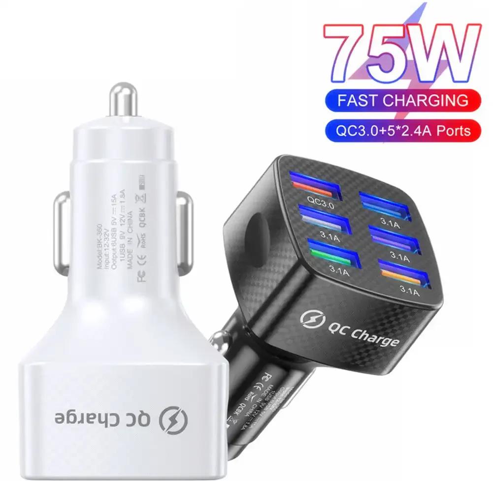 75W 6 USB Car Charger Fast Charging Phone Adapter in Car 15A For iPhone 13 12 Pro Xiaomi Huawei Samsung Car Quick Charge