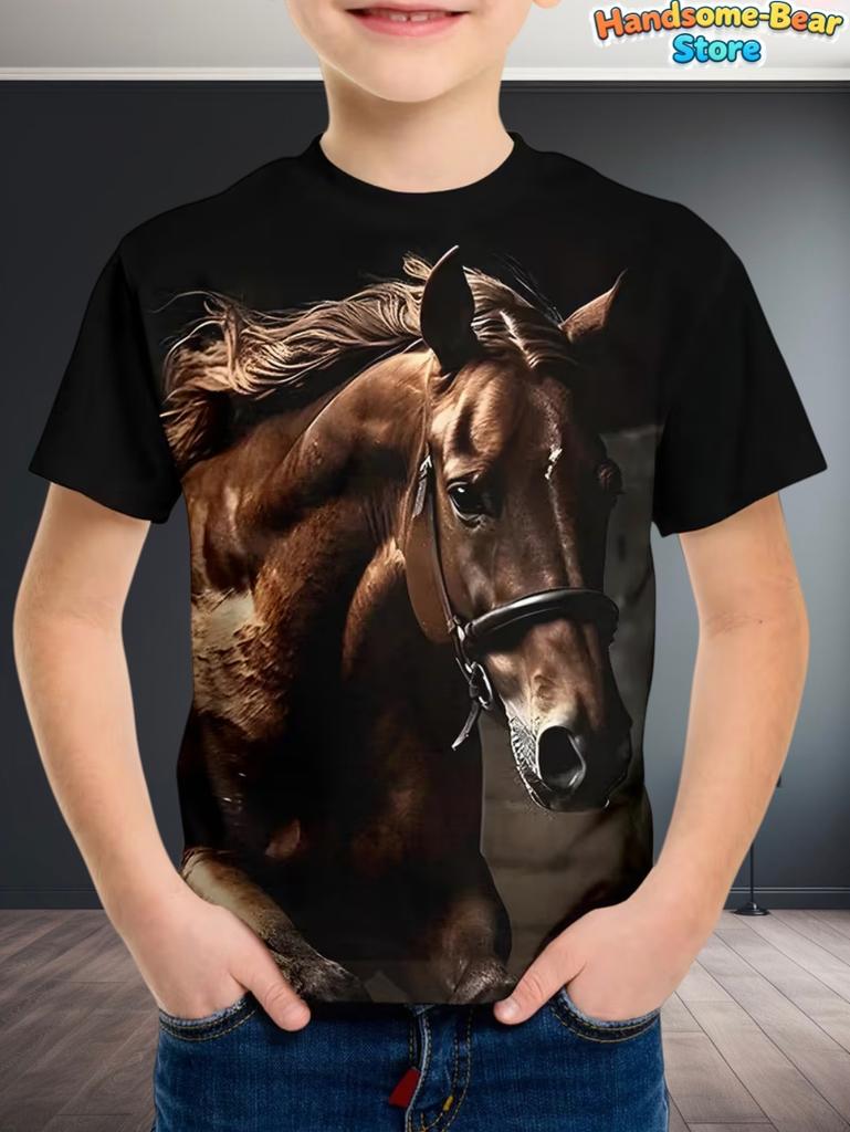 Children's Clothing Boys T-Shirt 3D Horse Print Short Sleeve Fashion Kids Summer Clothes Casual Child Girls Clothing O-Neck Tops