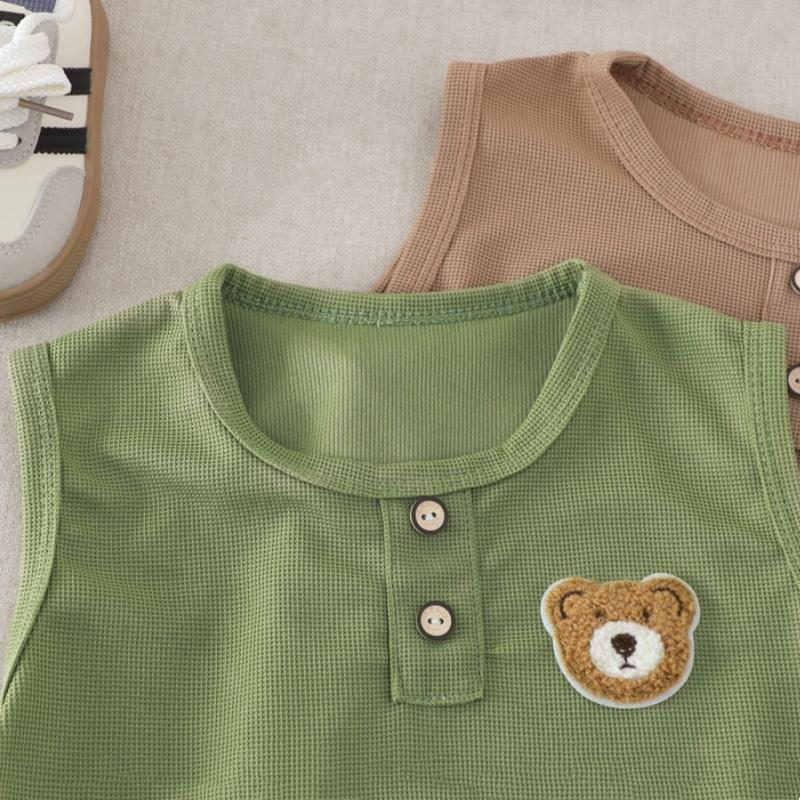 2Pcs/Set Boys Girls Sleevesless Clothes Suit Kids Bear Patch Thin Summer Outfits Solid Color Vest Top Shorts Children Set