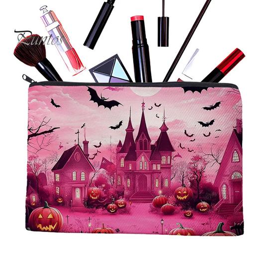 Festive Desktop Storage Bag Bag, with Halloween Pumpkin Ghost Print, Smooth Durable Zippered Case Zipper Canvas Makeup for Travel Cosmetic Organizer