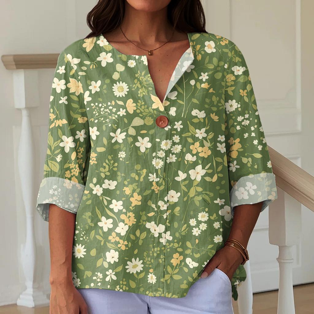 Women's Fashionable Casual V-neck Button Seven Quarter Sleeve Printed Cotton And Linen Top