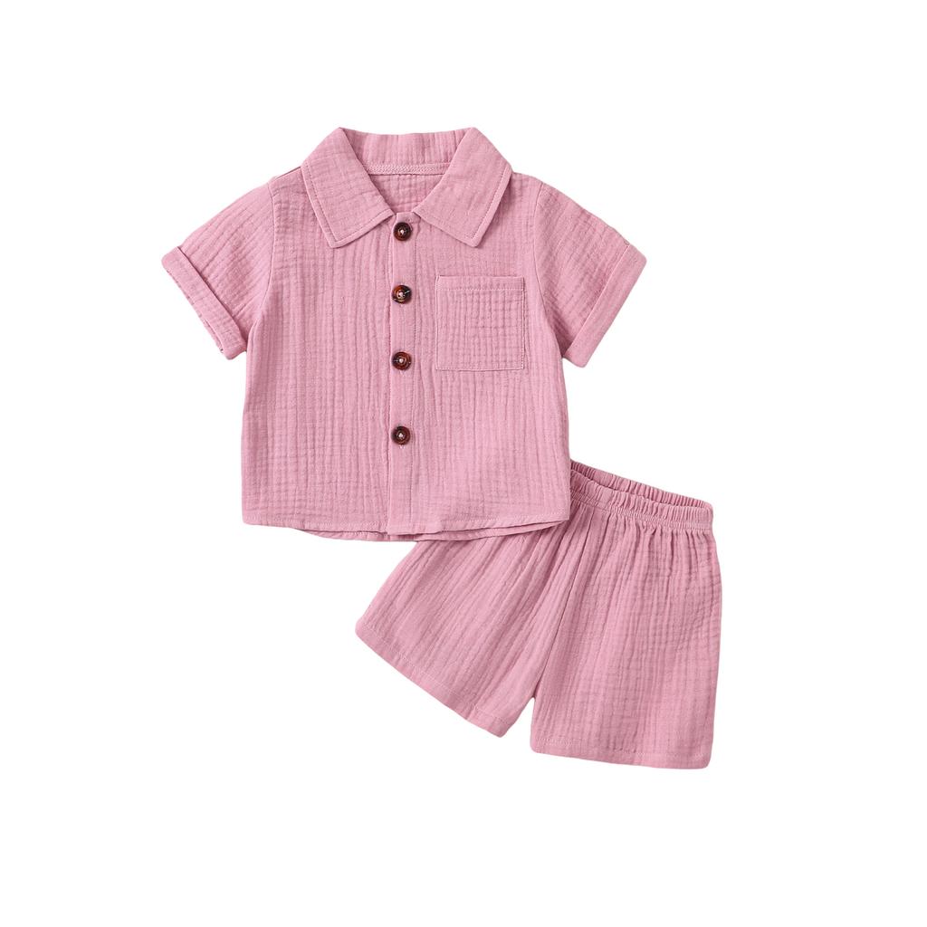 Toddler 2Pcs Summer Outfits, Short Sleeve Button Down Lapel Shirt + Shorts Set Baby Clothes