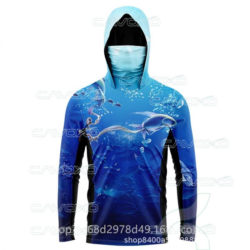 Camicia da Pesca Leggera Asciugatura Rapida Con Cappuccio Copri Viso Fibra di Bambù Protezione UV Manica Lunga Pesca all'Aperto
