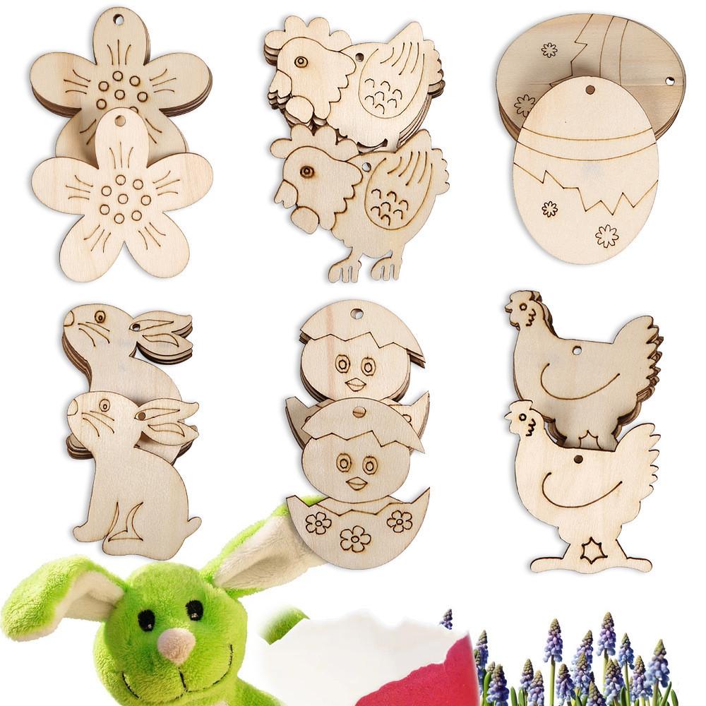 Colorful Wooden Easter Hangings Including Eggs Rabbits Chickens And Sunflowers