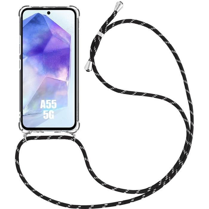Coque Antichoc - Samsung - Galaxy A55 5G - Silicone Transparent - Bandoulière Réglable - Noir