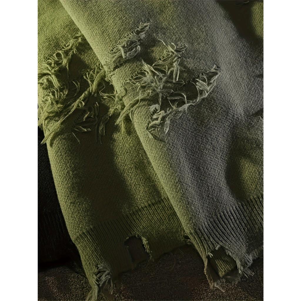 Solid Color Crew Neck Pullover Sweater, Casual Ripped Tassel Long Sleeve Knitted Sweater for Fall & Winter, Women's Clothing