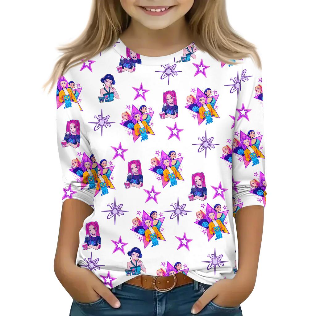 Druck-Tops für junge Mädchen 4-11 Jahre Rundhals 3/4-Ärmel T-Shirts Trendige Tops Outfit T-Shirts