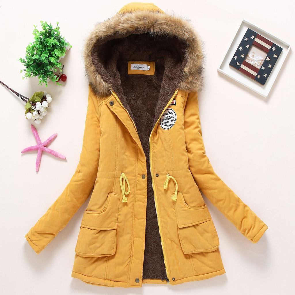 Herbst Winter Frauen Baumwolle Jacke Gepolsterte Casual Mantel Pelz Kragen Mit Kapuze Parkas Wattierte Mantel Outwear Military Parkas Plus Größe dicke Mäntel