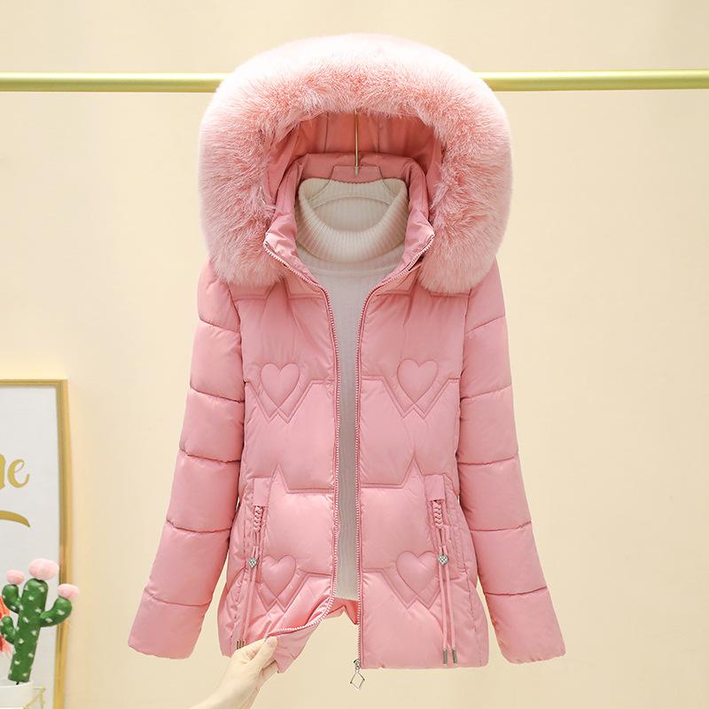 

женская куртка с большим меховым воротником на хлопковой подкладке, короткая для невысоких людей с талией и большим меховым воротником, утолщенная женская куртка. 3XL-135-75 kg розовый
