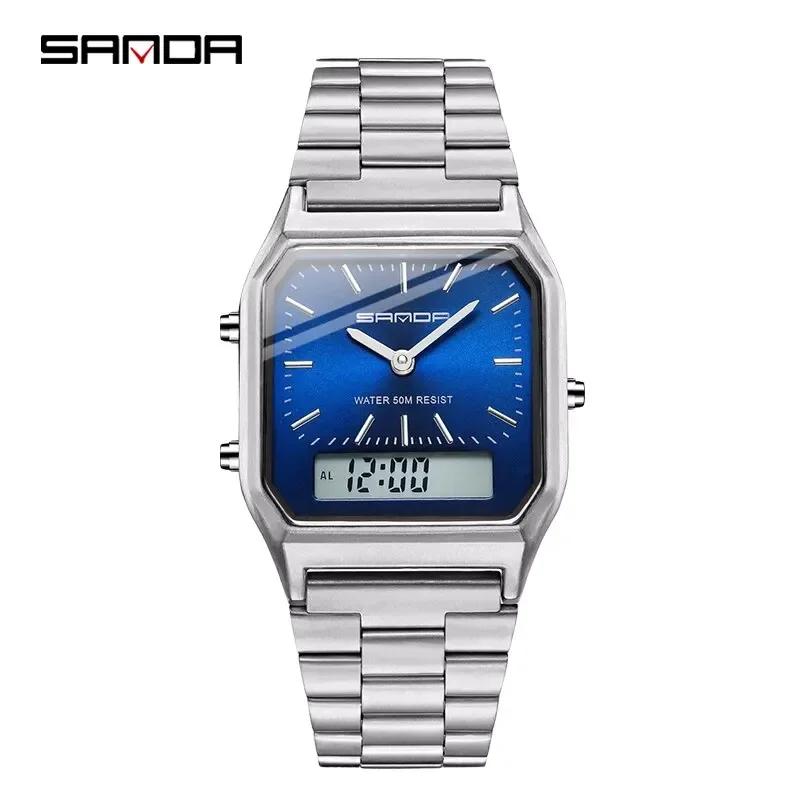 SANDA P747 Watch Luxury Mens Style Watches Stainless Steel Women LED Digital Dual Display Clock Unisex Waterproof Sports Quartz
