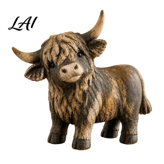 Handmade Highland Cow Gift Farmhouse Figurine Resin Scottish Bull Statue Rustic Hand Carved Crafts Tabletop Ornament Country Style Shelf