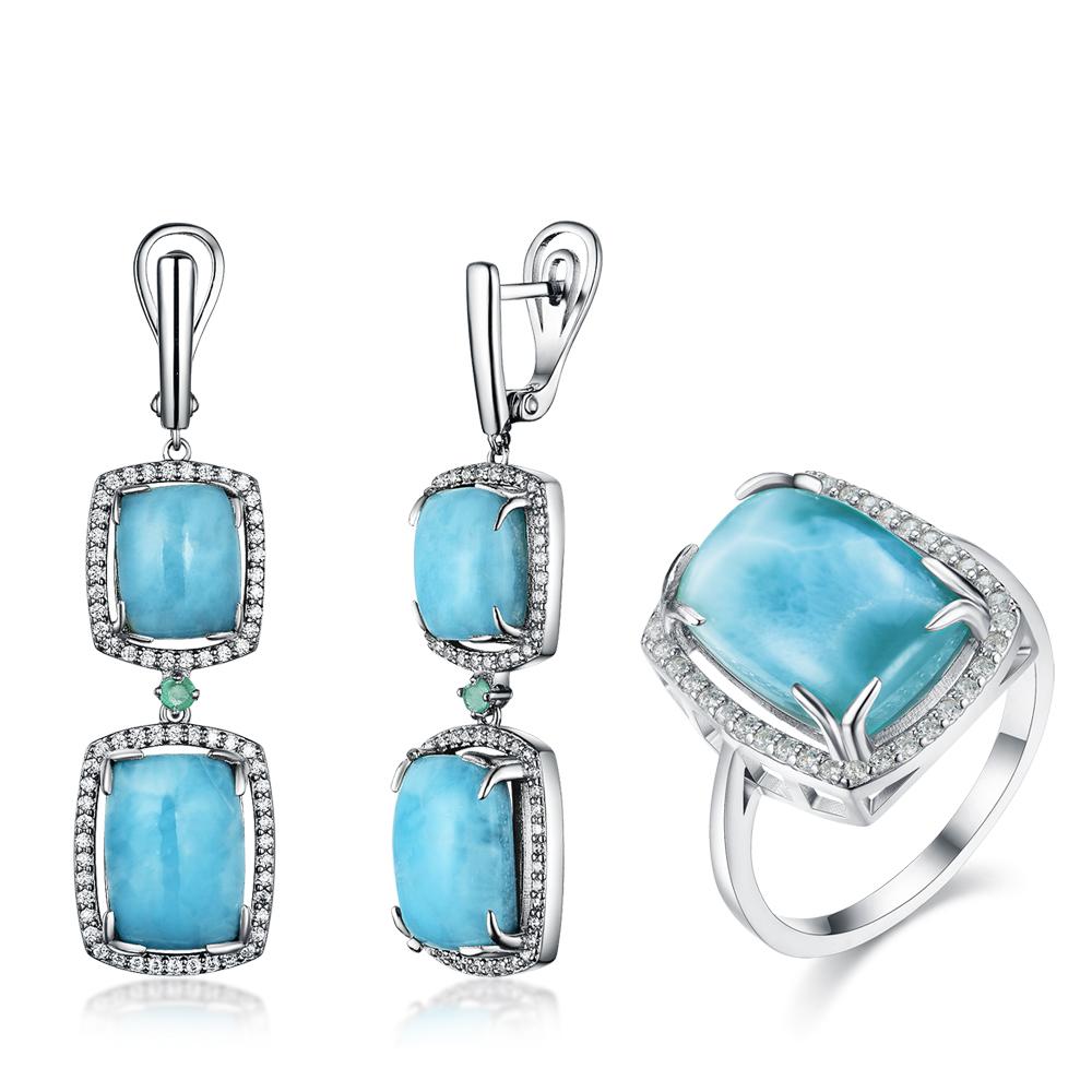 

Комплект украшений из натурального ларимара с изумрудом, кольцом и серьгами из стерлингового серебра 925 пробы, изысканные украшения для женской праздничной одежды, новый стиль us ring size 10#