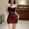 Sweet Spicy Sexy Decorative Flower Hanging Neck Strapless Skirt Mesh Perspective Spicy Girl Slim Fit Wrap Buttocks Dress LWVT