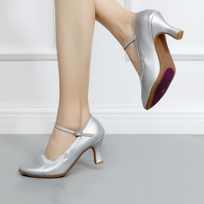 Leather Modern Dance Shoes for Women Soft Rubber Sole Party Ballroom Dancing Shoes Heel 7CM Close Toe