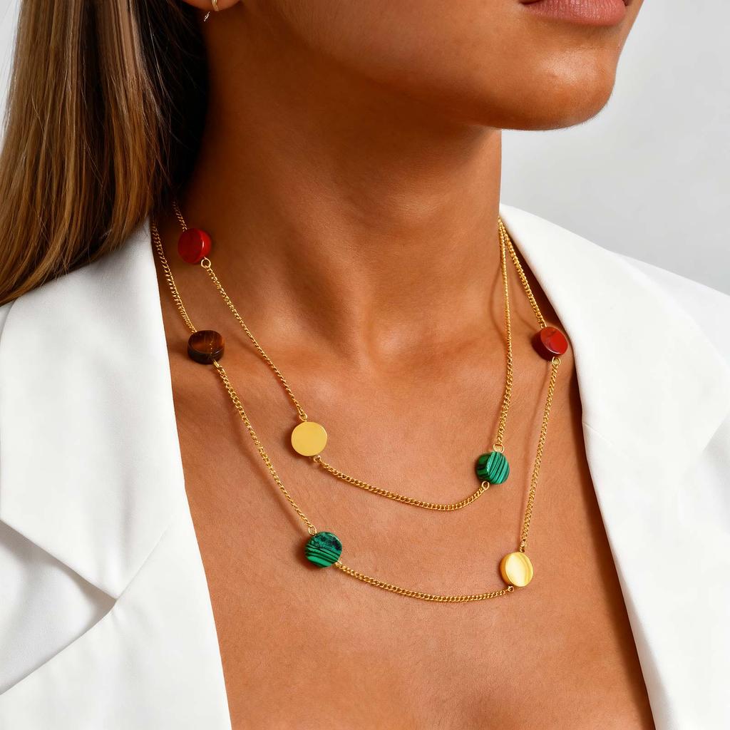 Chic Geometric Colored Beads Long Necklace, Stainless Steel Layered Sweater Chain Necklace, Stackable Fashion Jewelry for Women
