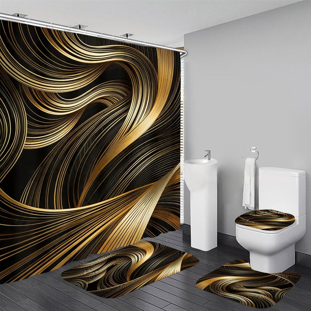 4Pcs Shower Curtain Set with Non-Slip Bath Mat, Toilet Lid Cover, Contour Rug & 12 Hooks, Bathroom