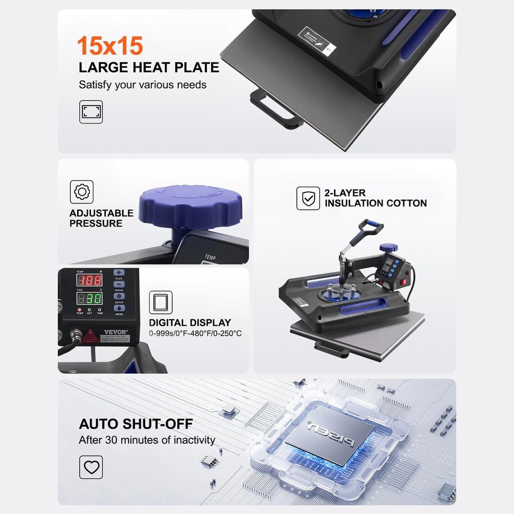 8 In 1 Heat Press Machine 15x15 In 30oz Tumbler Press T-Shirts Black+Blue