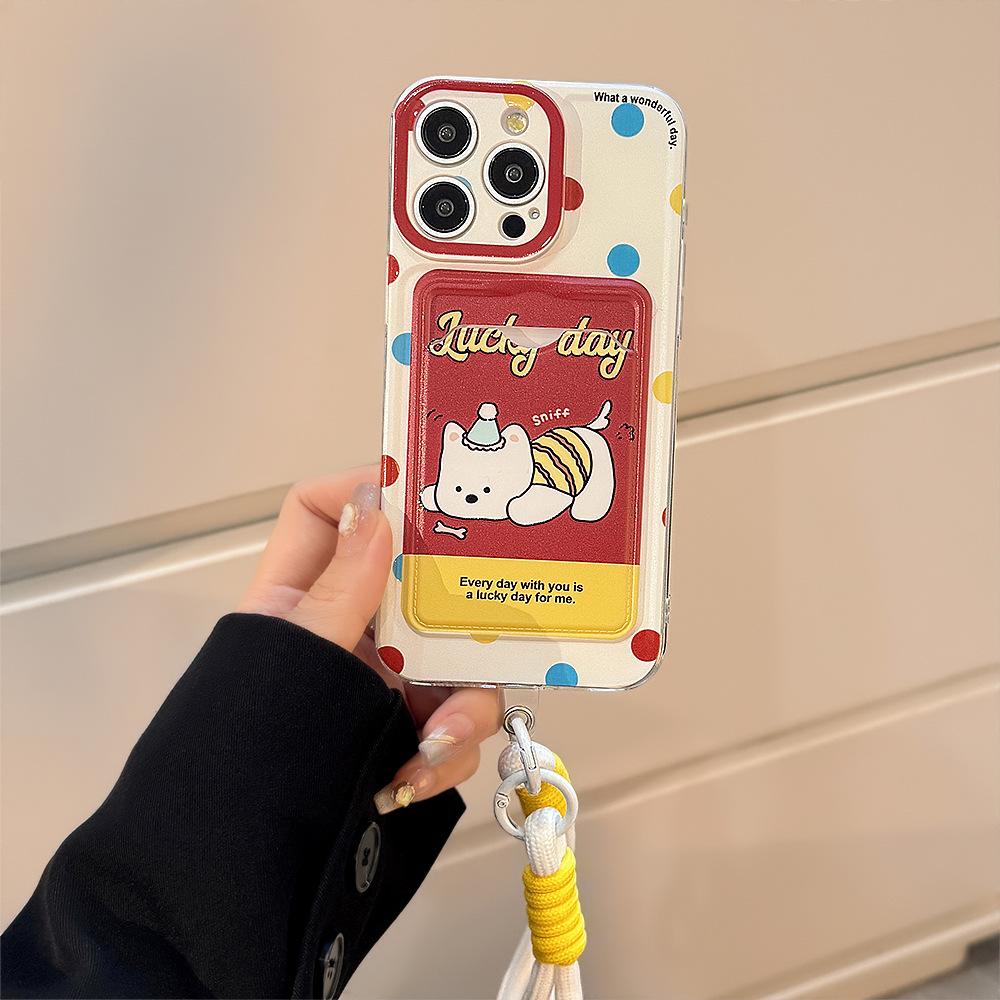 Cute Polka Dot Dog Card Bag for Apple 15promax Phone Case for IPhone 17 for 11 Stand 16 Drawstring 12
