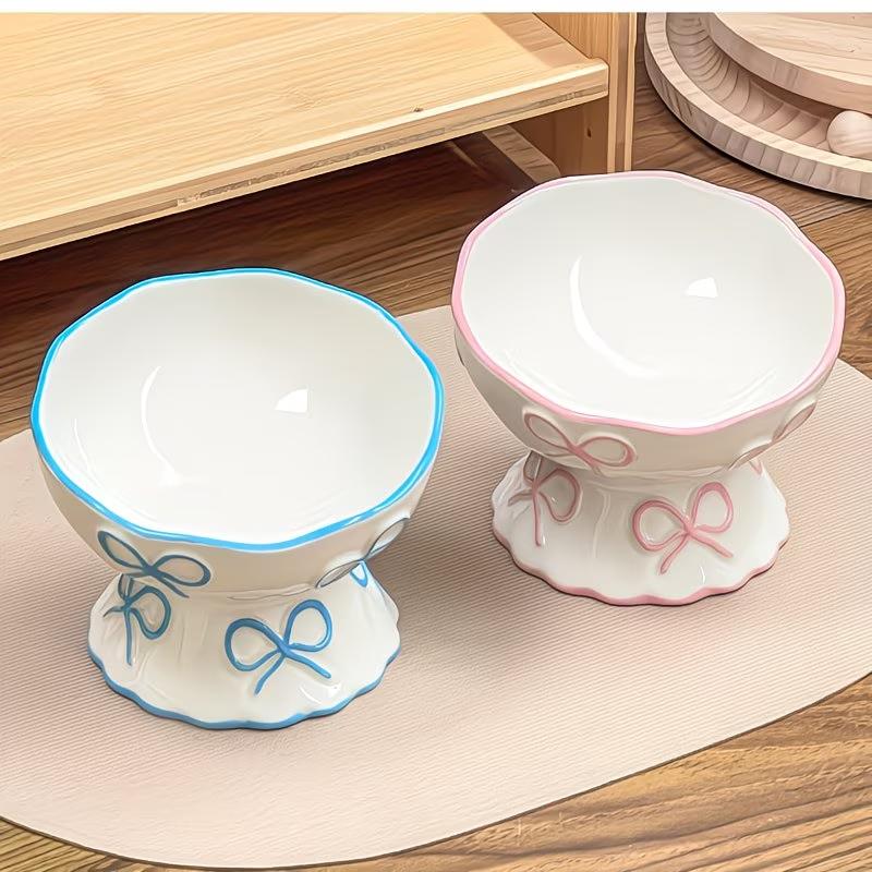 1pc Elevated Ceramic Cat Bowl with Embossed Bow, Raised Pet Food Water Bowl for Cats & Small Dogs