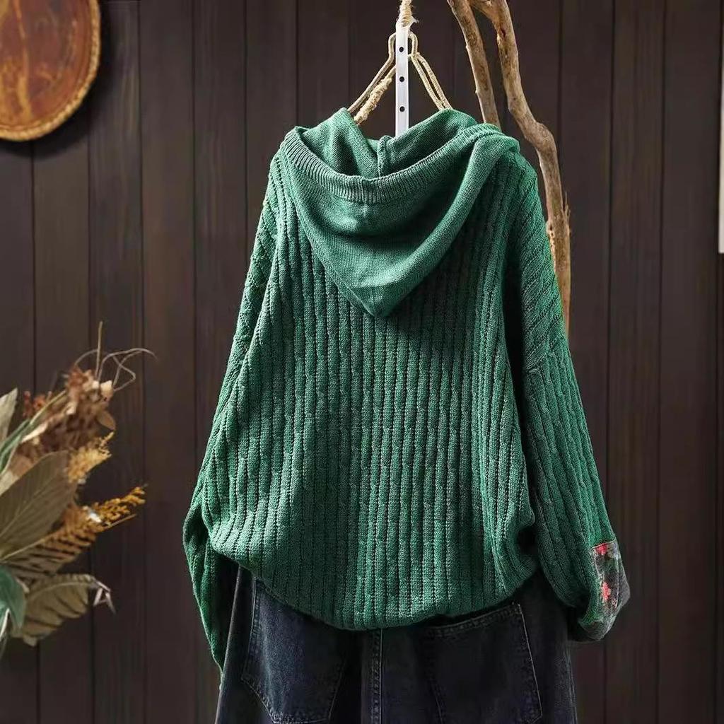 Bojiafan Ethnic Style Appliquéd Cotton Drawstring Hoodie - Women's Loose Plus Size Retro Knit Sweater
