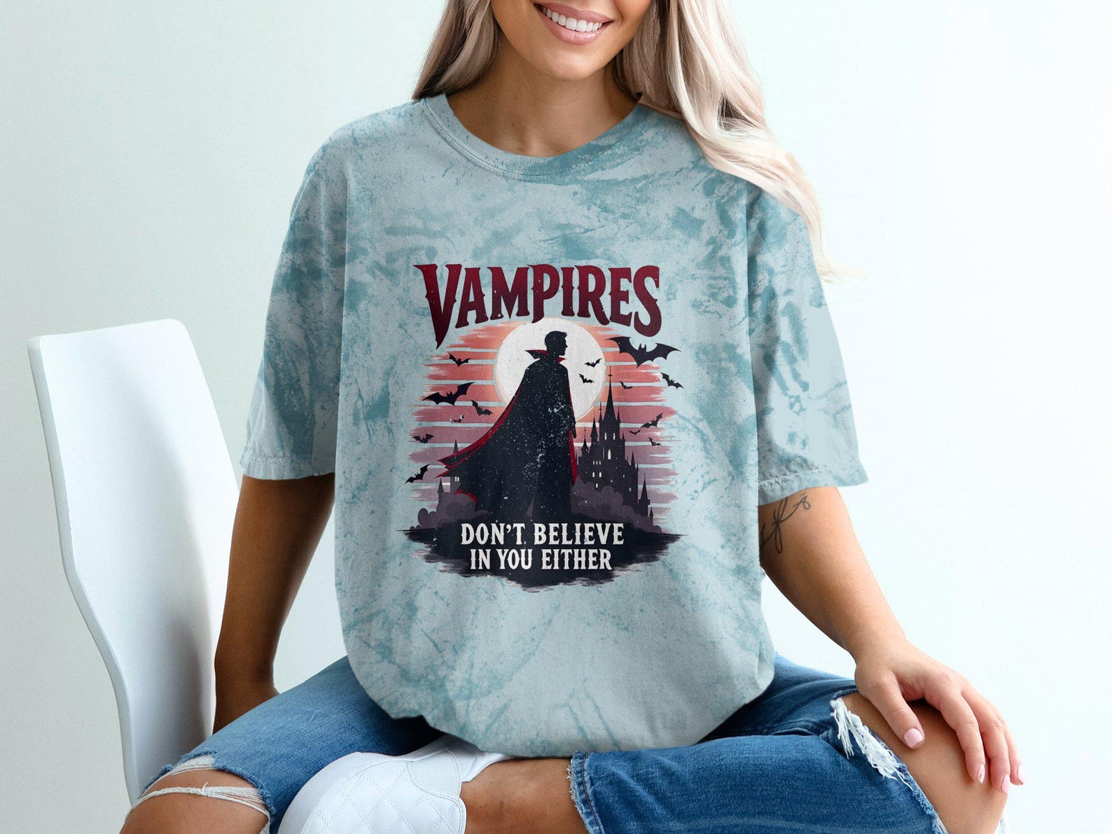 Vampires Don t Believe In You Either T-shirt, Funny Vampire Graphic Tee, Gothic Humor Shirt, Halloween Vampire Top, Spooky Apparel L