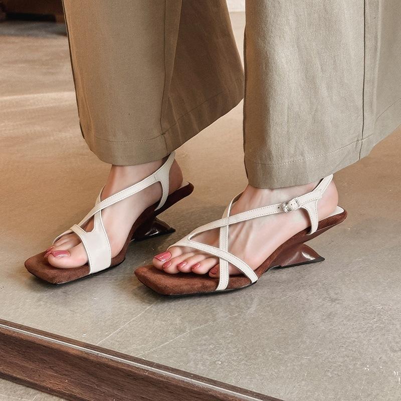 2025 Summer French Wedge Heel with Cool Slippers Summer Wear Open-toed High-heeled Versatile Sandals Women