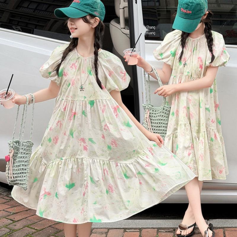 Girls' Stylish Puff Sleeve Floral Summer Dress - Princess Beach Holiday Style