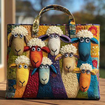 Quilted Tote Bag Cute Sheep Pattern Tote Women Retro Purse Machine Washable Handbag for Daily Errands Commuting Grocery Shopping