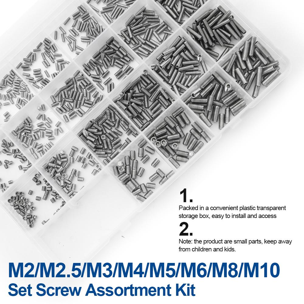 NINDEJIN Flat Point Set Screw Assorment Kit Stainless Steel M2-M10 Hexagon Socket Headless Set Grub Screw Kit with Hex Key
