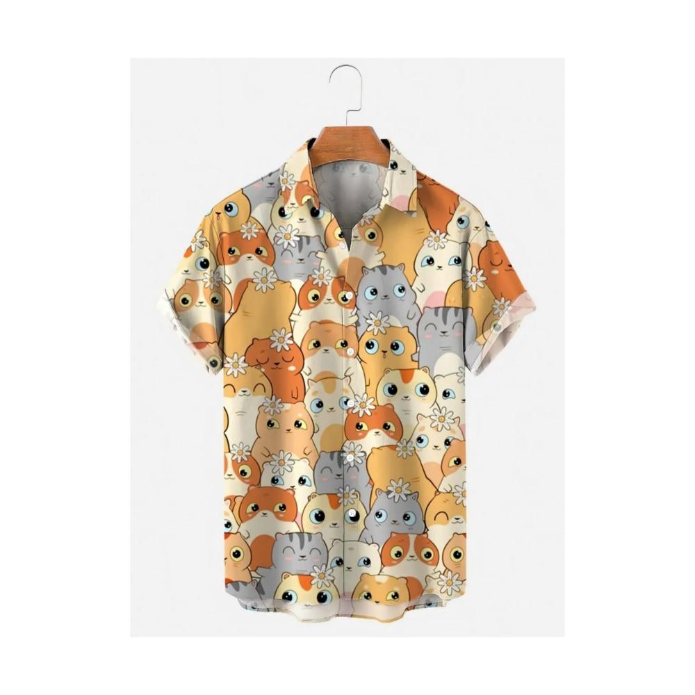Cute Cat Pattern Print Men Short Sleeve Shirt Summer Men Fashion Loose Shirt Tops
