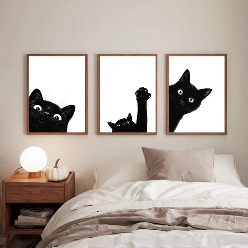 Cute Peeking Black Cat Funny Cat Face Modern Poster and Prints Canvas Printing Minimalist Wall Art Picture for Living Room Decor