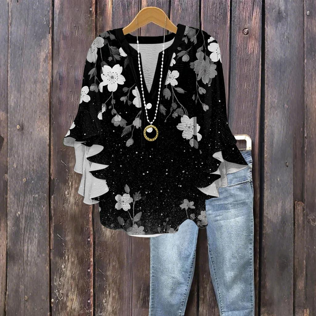 Women's Fashion Button V-Neck Ruffle Seven Sleeve Blouse Floral Printed Top