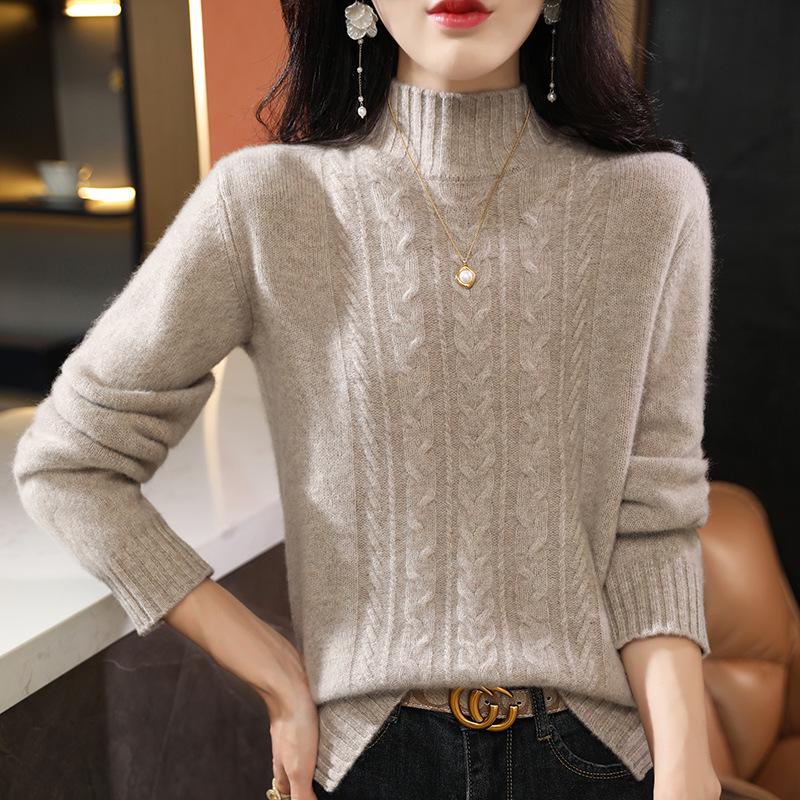 Women's Cable Knit Wool Sweater - High Neck, Thick, Long Sleeve, Autumn/Winter