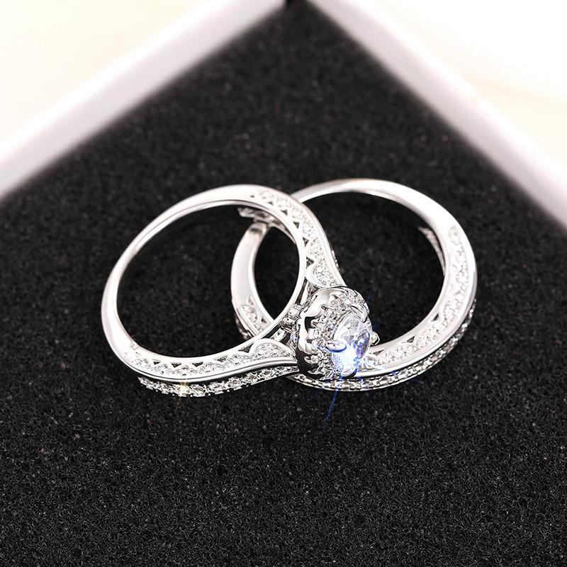 925 Sterling Silver 2pc Gorgeous Rings Set for Women Paved Brilliant Cubic Zirconia Wedding Engagement Bridal Jewelry