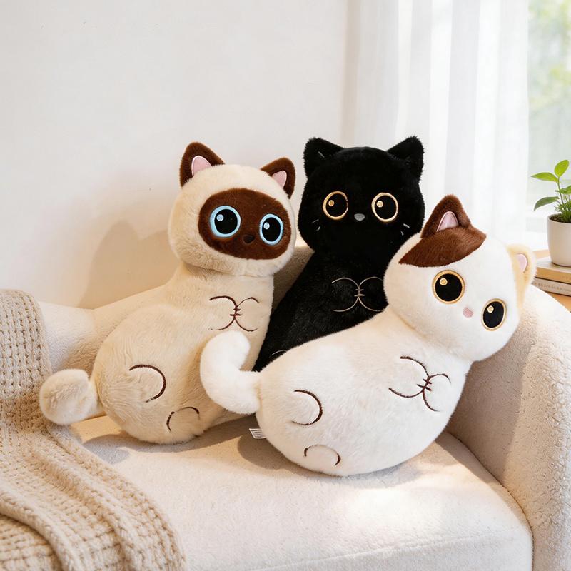 Three Colors Kawaii Cat Plush Toy Soft Stuffed Animal Black Cat Pillow Birthday Gift for Girlfriend Women Home Room Decor
