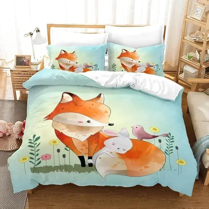 Cartoon Fox Duvet Cover Microfiber Bedding Set Lovely Animal Theme Comforter Cover King Soft For Kids Adults Girls Bedroom Decor