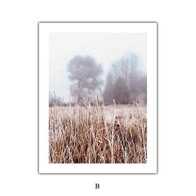 Autumn and Winter Snow Scene Poster Reed Wildflowers Painting Pine Prints Hay Posters Nordic Canvas Art Pictures Decoration