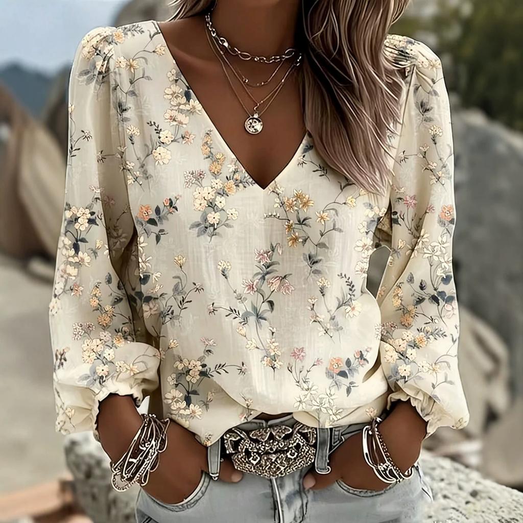 Damen S V-Ausschnitt Floral Chiffon Hemd Lockerer Sitz Langarm Bluse