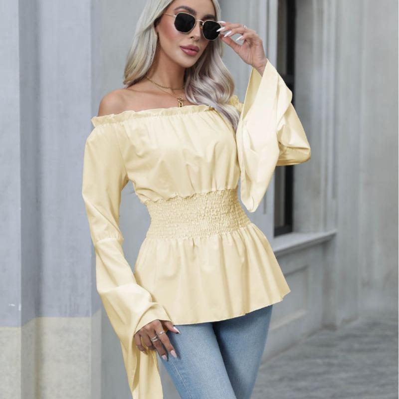 Módní Elegantní Dámská Blůza s Odkrytými Rameny Dlouhý Rukáv Plisovaná Slim Fit Elastický Pás Košile Kancelářský Streetwear Ležérní Jednoduché Sladké Jednobarevné Topy