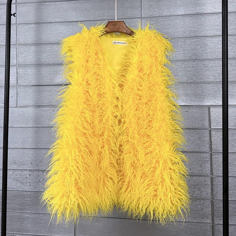 Plus Size Faux Shearling Vest Mid-Length Fur Coat Warm Sleeveless Jacket Women
