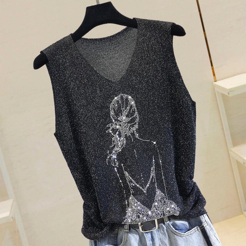 2023 Shiny Silk Sleeveless V-Neck Women's Vest - Spring/Summer New Style, Loose Fit with Hot Diamond Sling Knitted Design