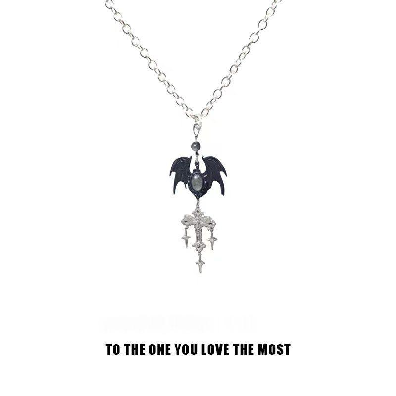 Retro Jewelry Witch Wings Cross Pendant Necklaces For Women Crystal Beads Necklace Long Sweater Chain Gothic Accessories