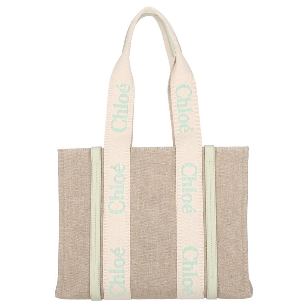 Chloe Woody Classic Logo Linen And Leather Tote Bag Women Tote Beige C23AS383L1738A
