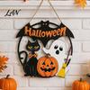 Waterproof Festive Wall Art Halloween Wood Hanging Ornament with Ghost Pumpkin Bat Cat Prints, Durable Indoor Outdoor Decor Front Door Sign