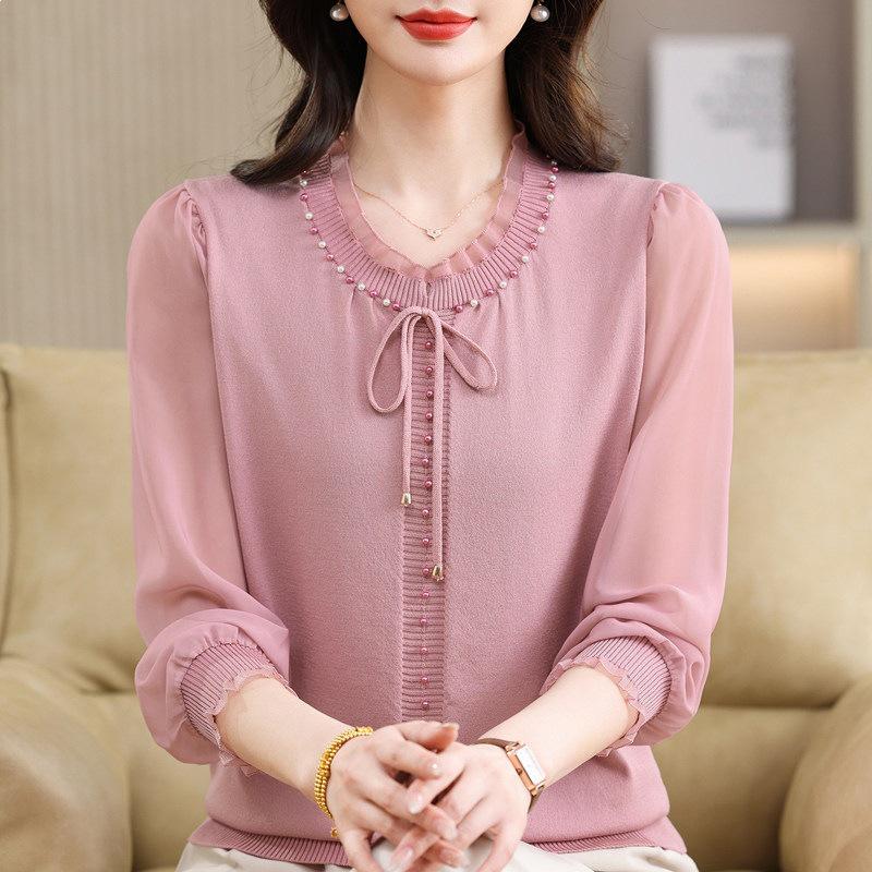 

Mom s Spring 2026 Fashion: Ice Silk T-shirt Set with Gauze Sleeves for Middle-Aged and Elderly Women M (85-100 lbs)