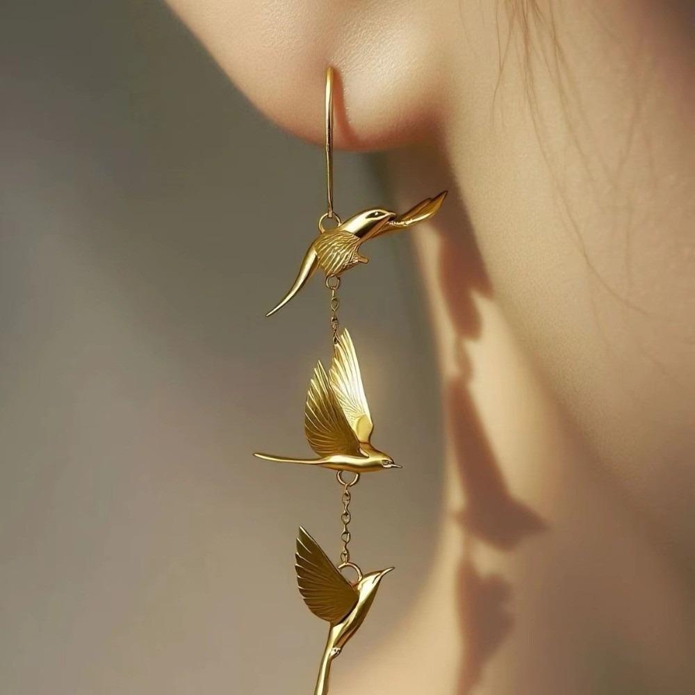 Alloy Six-Feathered Lark Earrings Chinese Style Gold Bird Earrrings Party Jewelry Accessory Gift