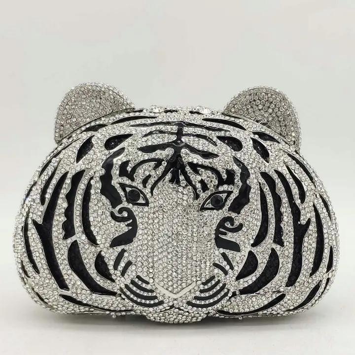 

Boutique De FGG (in stock) Tiger Head Women Rhinestone Clutch Purses Party Dinner Party Handbags Crystal Animal Evening Bags Mini Size